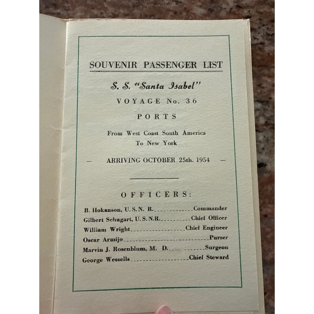1954 S.S. Santa Isabel Graceline Passenger List West Coast S America to NY